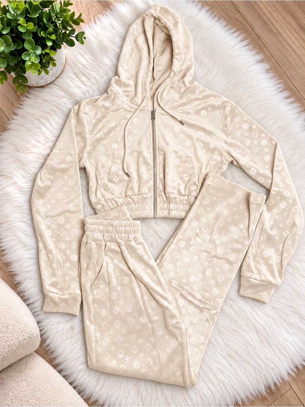 Beige Monogram Velour Hoodie & Jogger Set - Women